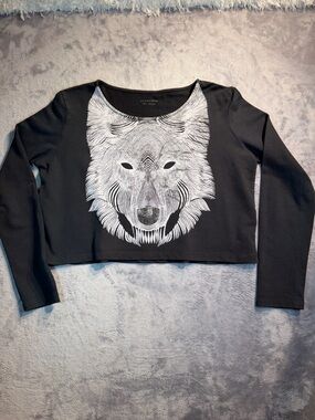 All Saints Black Cropped Long-Sleeve Top with White Wolf Motif